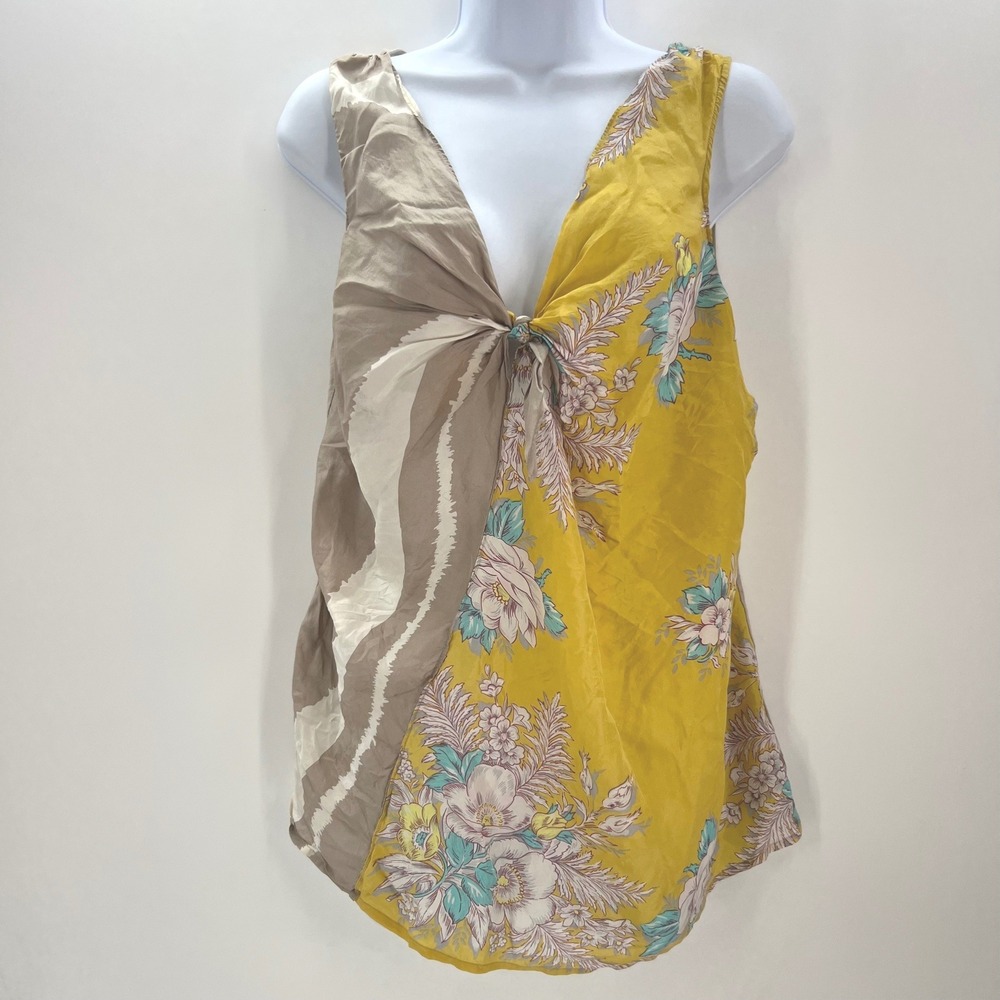 Deletta Anthro M Mixed Media Knot Front Tank Top Yellow Romantic Floral Boho